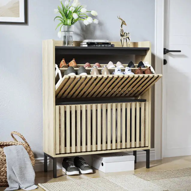 Teak Dual-Flip Shoe Rack Organizer