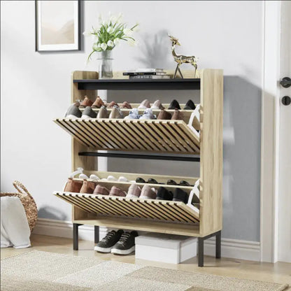 Teak Dual-Flip Shoe Rack Organizer